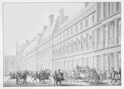1804年12月2日のノートルダム大聖堂での戴冠式のための皇帝ナポレオン1世とジョセフィーヌ皇帝のチュイルリー宮殿からの出発。 作： Jean Baptiste Isabey